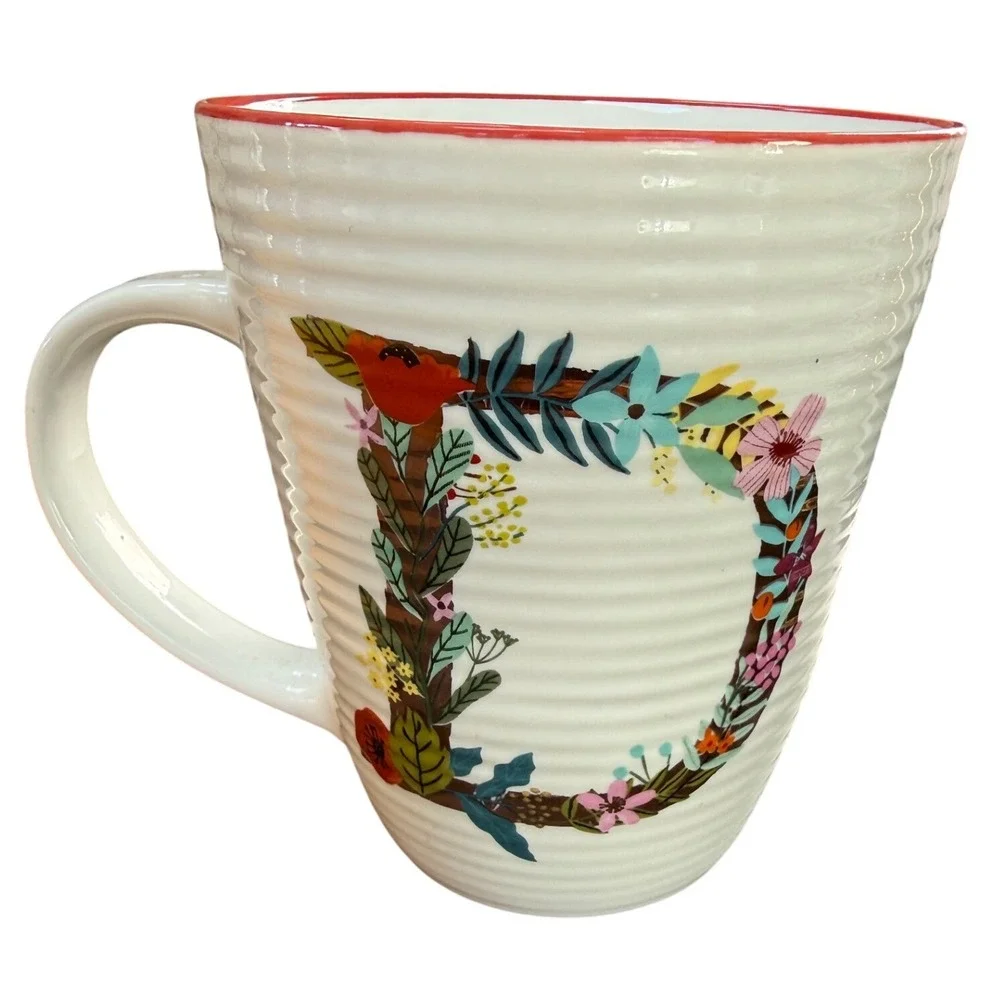 Pier‎ 1 Savannah Stoneware Mug Letter D Floral Monogram Ribbed White Red Rim